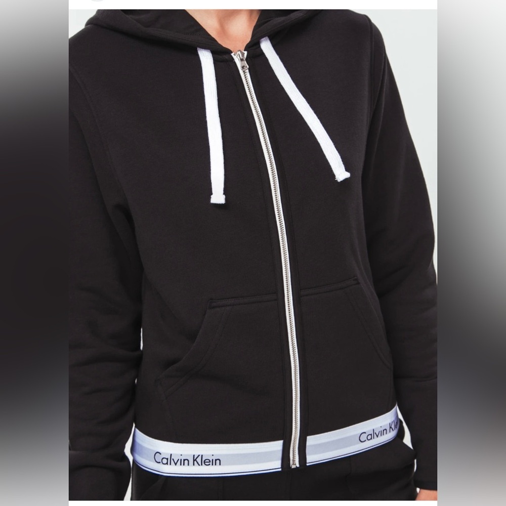 Calvin Klein Black Zip-Up Hoodie with White Trim women large pockets - Picture 4 of 10